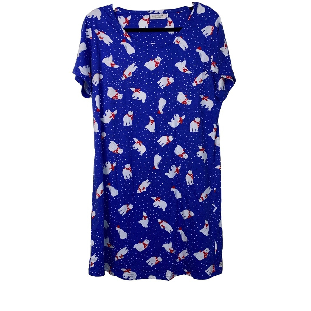 Enjoynight Nightgown Sleep Shirt Blue Polar Bears Holiday Christmas Size Medium